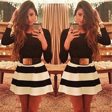 women dress long sleeve stripe mini dress o neck sexy slim dress without belt black vestido de festa J4U66