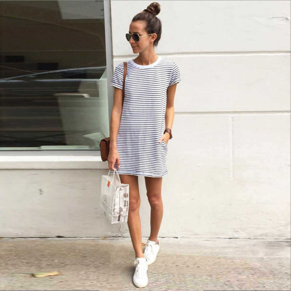 Women Dress Sexy Fashion Women Casual Loose Striped Cotton Bodycon Mini Dresses Vestidos Femmes J4U66