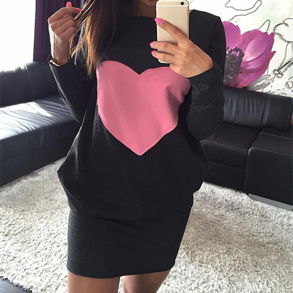 Women Heart Print Dress Warm Cotton Bodycon Long Sleeve Dress J4U66