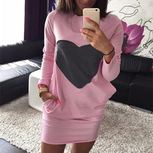 Women Heart Print Dress Warm Cotton Bodycon Long Sleeve Dress J4U66