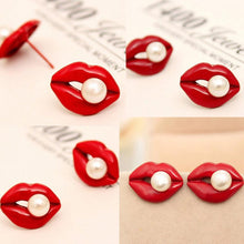 Women JewelryWomen Sexy Red Mouth Pink Love Lip Rhinestone Simulated Pearl Stud Earrings J4U66