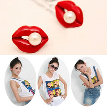 Women JewelryWomen Sexy Red Mouth Pink Love Lip Rhinestone Simulated Pearl Stud Earrings J4U66