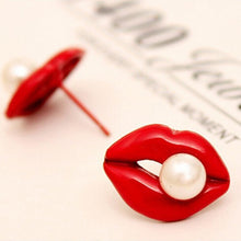 Women JewelryWomen Sexy Red Mouth Pink Love Lip Rhinestone Simulated Pearl Stud Earrings J4U66