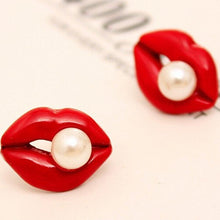 Women JewelryWomen Sexy Red Mouth Pink Love Lip Rhinestone Simulated Pearl Stud Earrings J4U66
