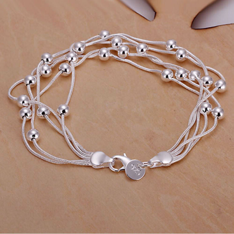 Women Jewelry Bracelet Five Lines Bead Jewelry Silver Plated Romantic Bracelet 20cm J4U66