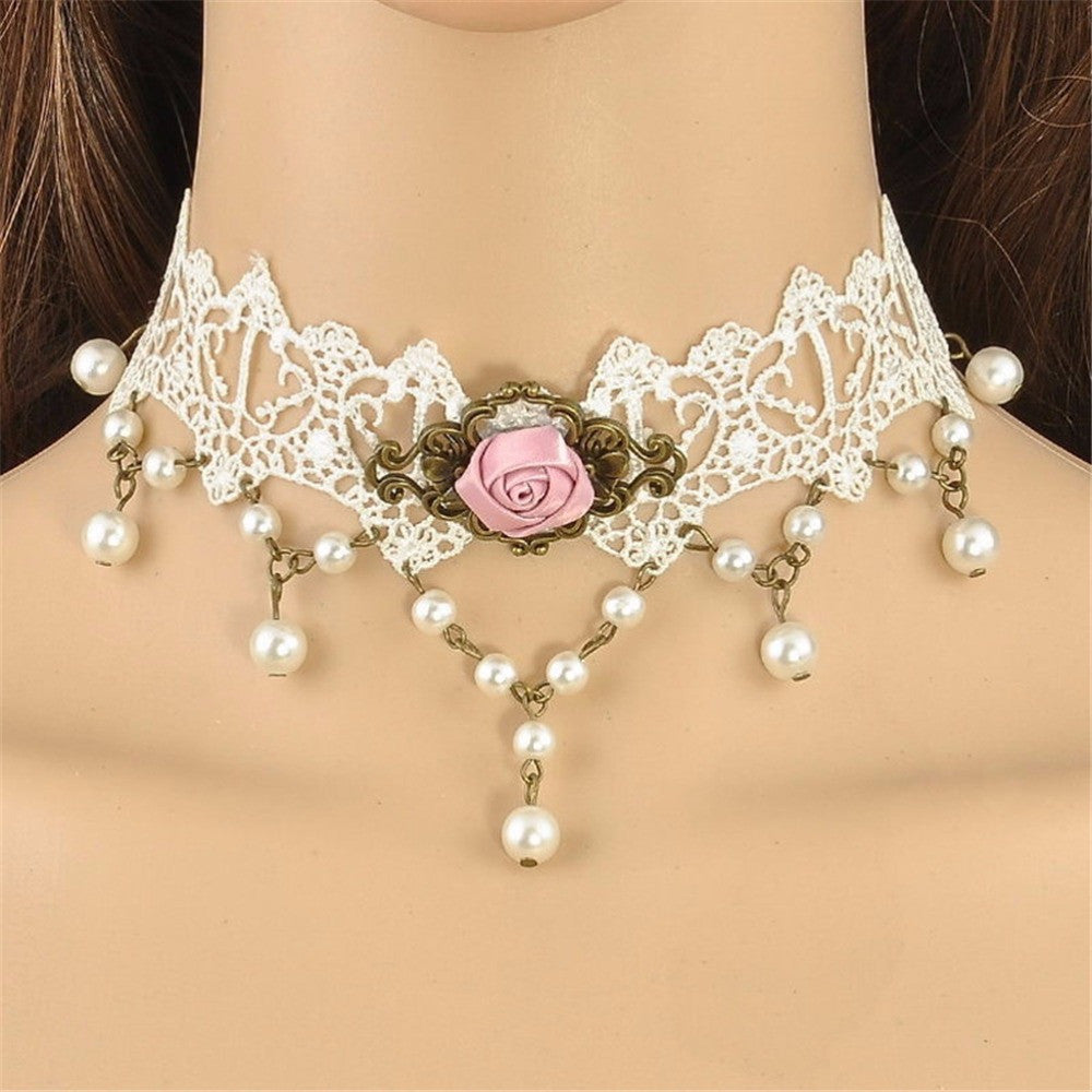 Women Jewelry Lace Faux Pearl Beads Choker Collar Statement Pendant Necklace J4U66