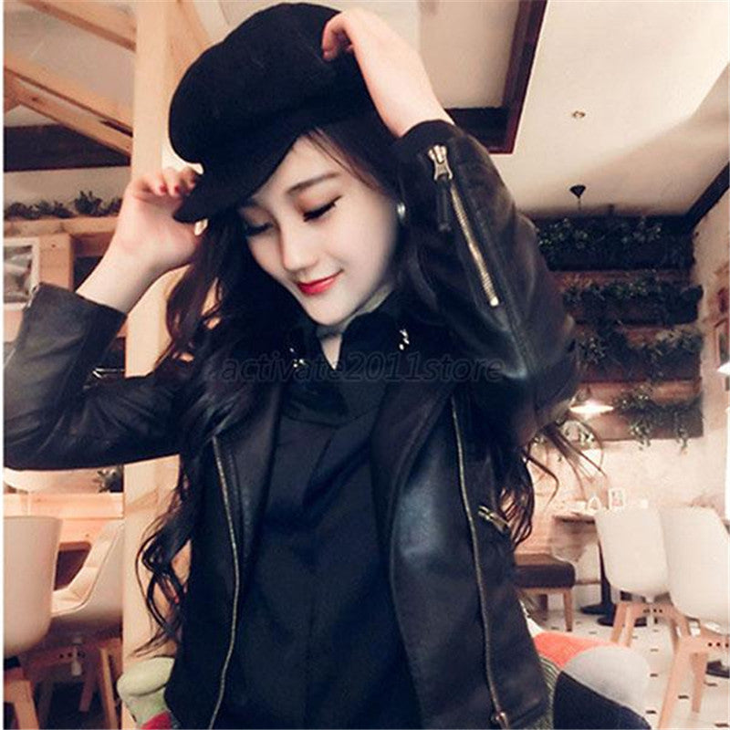 women slim biker motorcycle pu soft leather zipper jacket coat outerwear J4U66