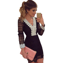 women floral lace elegant dress v neck long sleeve evening party dresses bodycon mini office dress vestidos black white J4U66