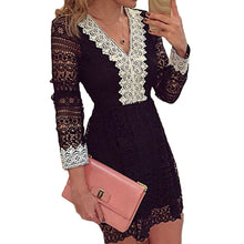 women floral lace elegant dress v neck long sleeve evening party dresses bodycon mini office dress vestidos black white J4U66