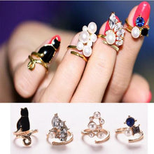 Women Knuckle Rings 4pc Blue Crystal Black Cat Created Pearls Zircon Nail Rings J4U66