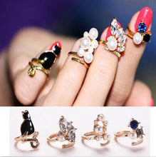 Women Knuckle Rings 4pc Blue Crystal Black Cat Created Pearls Zircon Nail Rings J4U66