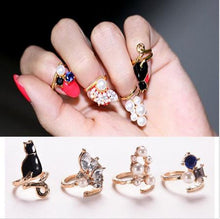 Women Knuckle Rings 4pc Blue Crystal Black Cat Created Pearls Zircon Nail Rings J4U66
