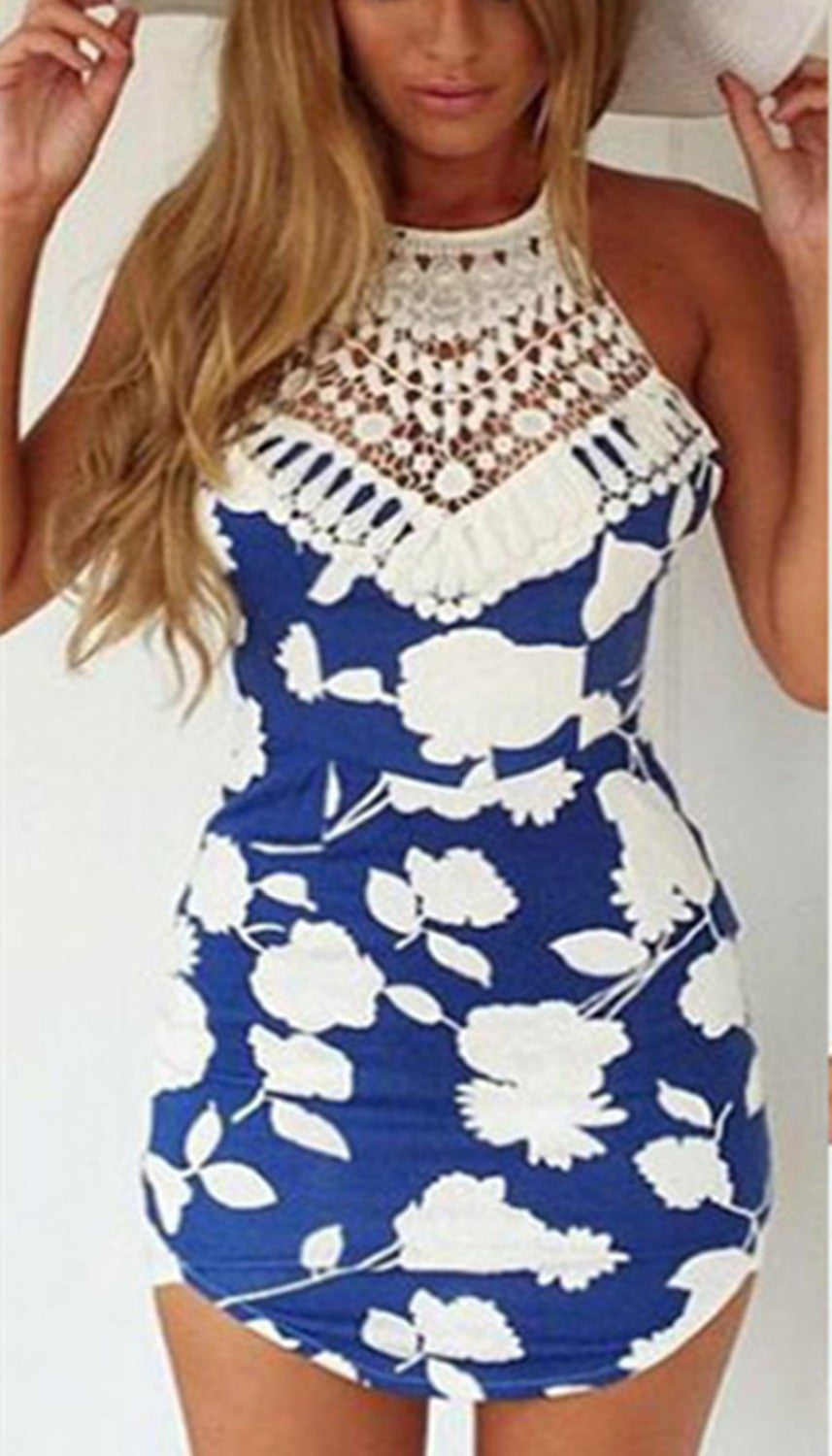 Women Lace Halter Bodycon Mini Dress Back Cross Off- Shoulder Party Floral Dresses Beachwear Freeshiping J4U66