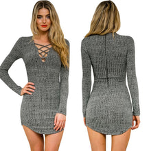 women lace up bodycon package hip knitted dress v neck long sleeve sweater a line dress J4U66