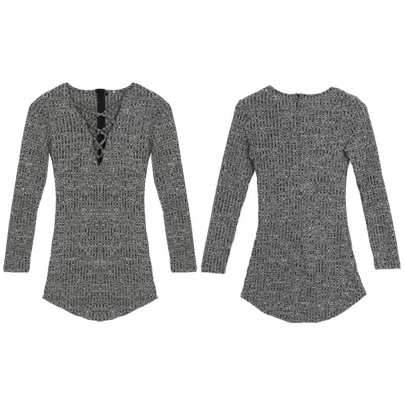 Lace Up Bodycon Package Hip Knitted Dress V Neck Long Sleeve Sweater A-Line XL Dress J4U66