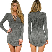 Lace Up Bodycon Package Hip Knitted Dress V Neck Long Sleeve Sweater A-Line XL Dress J4U66