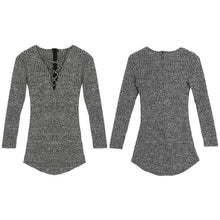 women lace up bodycon package hip knitted dress v neck long sleeve sweater a line dress J4U66