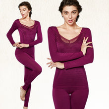 Women Lace V Neck Thermal Underwear Set Top and Pants Long Johns Sets Pajamas Sleepwear J4U66