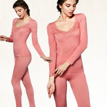 Women Lace V Neck Thermal Underwear Set Top and Pants Long Johns Sets Pajamas Sleepwear J4U66