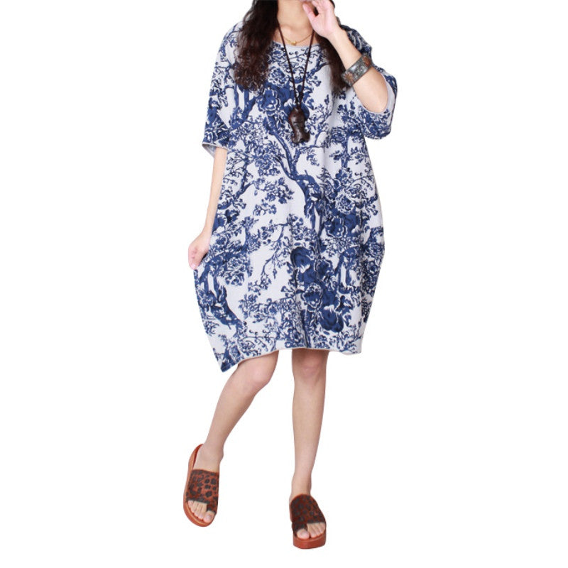 Women Ladies Half Sleeve Floral Casual Dress Cotton Linen Loose Dress M-XXL J4U66
