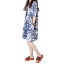 Women Ladies Half Sleeve Floral Casual Dress Cotton Linen Loose Dress M-XXL J4U66