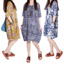 Women Ladies Half Sleeve Floral Casual Dress Cotton Linen Loose Dress M-XXL J4U66