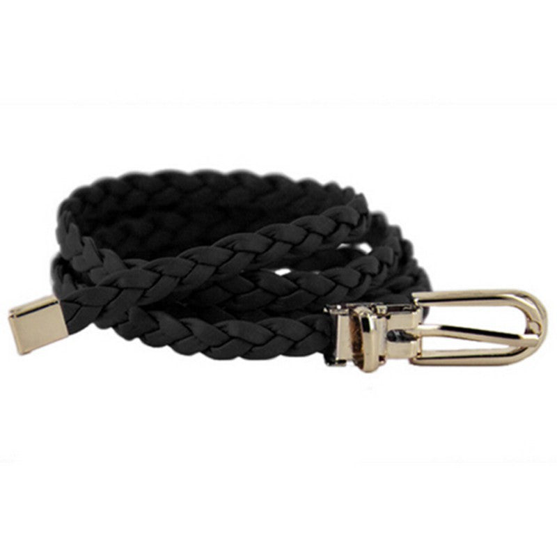 Women Ladies Weaved Braid PU Leather Skinny Narrow Waistband Waist Belt 1cm Wide J4U66