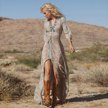 Women Lady  Long Sleeve Beach Boho V Neck Floral Split Long Maxi Sundress Dress J4U66