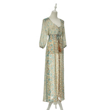 Women Lady  Long Sleeve Beach Boho V Neck Floral Split Long Maxi Sundress Dress J4U66