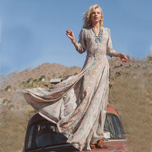 Women Lady  Long Sleeve Beach Boho V Neck Floral Split Long Maxi Sundress Dress J4U66