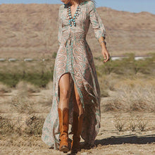 Women Lady  Long Sleeve Beach Boho V Neck Floral Split Long Maxi Sundress Dress J4U66