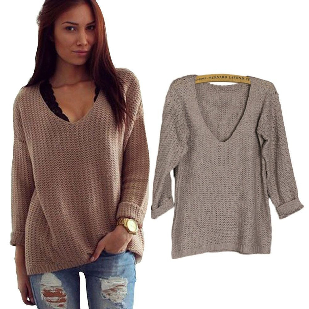 Women Long Sleeve Pullover Loose Tops Coat V-Neck Casual Sweater Knitwear Blouse  J4U66
