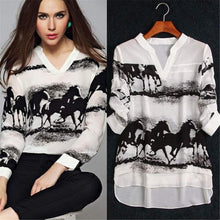 Women Long Sleeve Shirt Chiffon T-Shirts V Neck Black Horse Ladies Casual Office Work White tShirt Tops J4U66