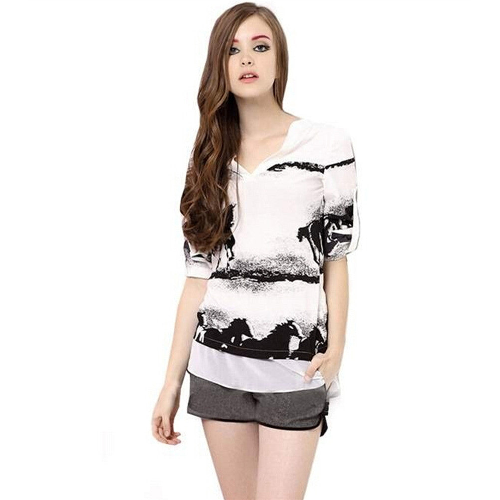Women Long Sleeve Shirt Chiffon T-Shirts V Neck Black Horse Ladies Casual Office Work White tShirt Tops J4U66