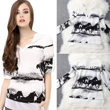 Women Long Sleeve Shirt Chiffon T-Shirts V Neck Black Horse Ladies Casual Office Work White tShirt Tops J4U66