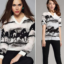 Women Long Sleeve Shirt Chiffon T-Shirts V Neck Black Horse Ladies Casual Office Work White tShirt Tops J4U66