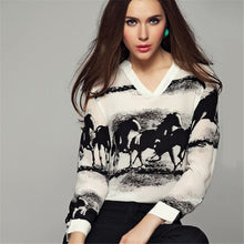 Women Long Sleeve Shirt Chiffon T-Shirts V Neck Black Horse Ladies Casual Office Work White tShirt Tops J4U66