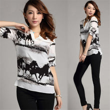 Women Long Sleeve Shirt Chiffon T-Shirts V Neck Black Horse Ladies Casual Office Work White tShirt Tops J4U66