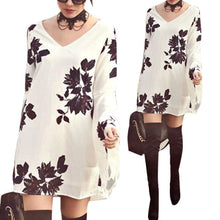 women loose casual v neck tops long sleeve a line dress sexy mini dress J4U66