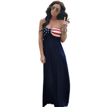 women maxi strapless dress american flag print sweetheart neckline elastic waist beach dress blue J4U66