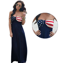 women maxi strapless dress american flag print sweetheart neckline elastic waist beach dress blue J4U66