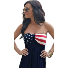 women maxi strapless dress american flag print sweetheart neckline elastic waist beach dress blue J4U66