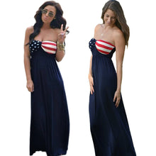 women maxi strapless dress american flag print sweetheart neckline elastic waist beach dress blue J4U66