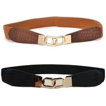 Women Metal Gold Buckle Elastic Stretch Waist PU Leather Fashion Belt Waistband J4U66