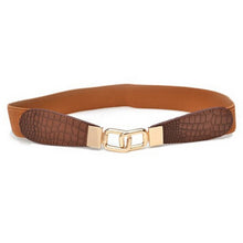 Women Metal Gold Buckle Elastic Stretch Waist PU Leather Fashion Belt Waistband J4U66