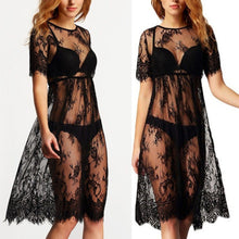 Women Midi Dresses Casual Long Black Short Sleeve O Neck See Through Beach Wear Lace Sexy Dress J4U66