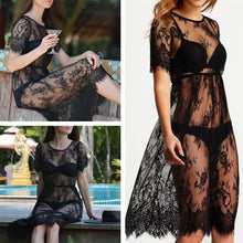 Women Midi Dresses Casual Long Black Short Sleeve O Neck See Through Beach Wear Lace Sexy Dress J4U66