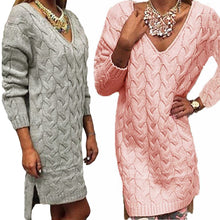 women midi twist knitted pink sweater gray v neck pullover long sleeve split high low hem loose dress knit maglioni donna J4U66