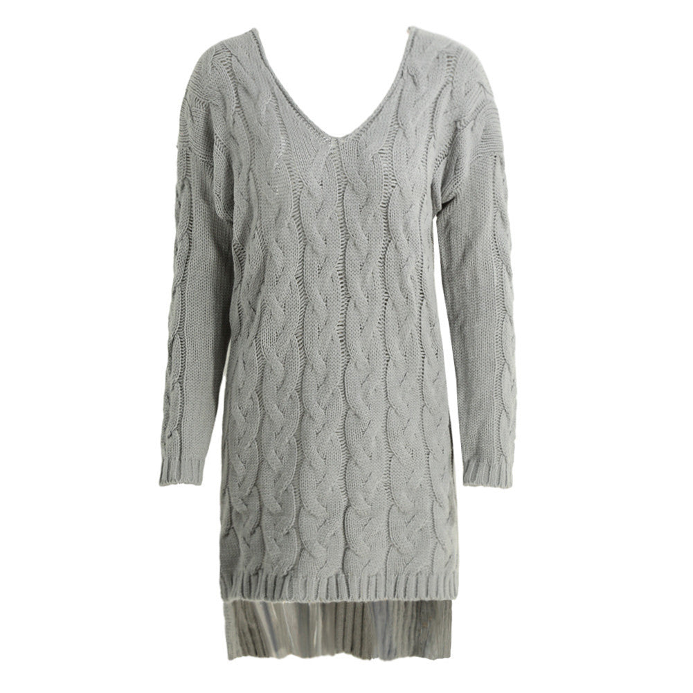 women midi twist knitted pink sweater gray v neck pullover long sleeve split high low hem loose dress knit maglioni donna J4U66