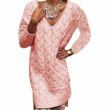 women midi twist knitted pink sweater gray v neck pullover long sleeve split high low hem loose dress knit maglioni donna J4U66